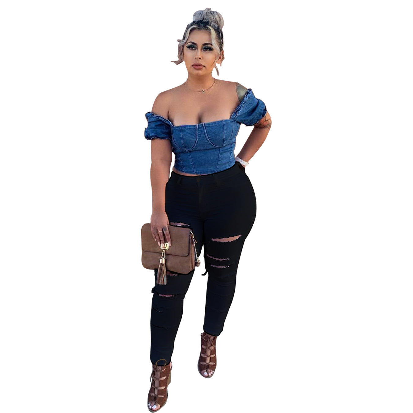 Blouse en jean et pantalon court pour femme Berg-Feldt, coupe asymétrique