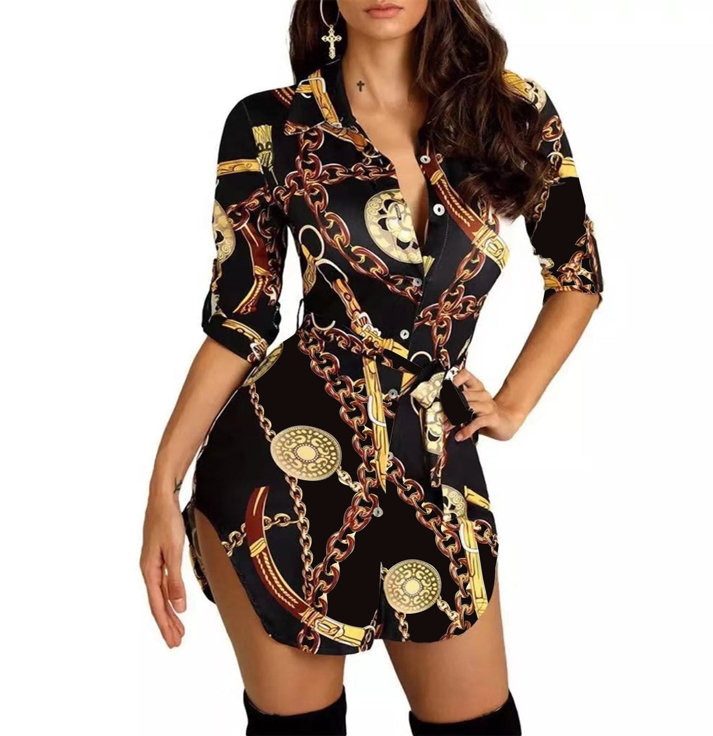 Berg-Feldt: Elegantes, mittellanges, bedrucktes Kleid in Gold