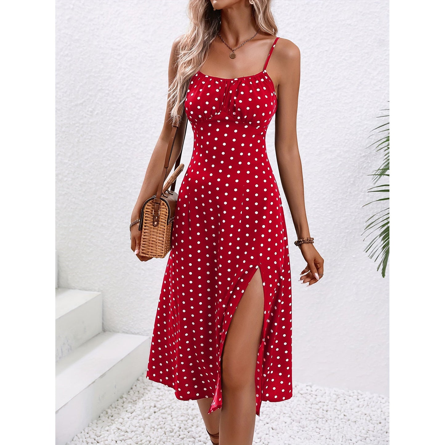 Maxikleid mit Polka Dots, Seitenschlitz und verstellbaren Spaghettiträgern von berg-feldt