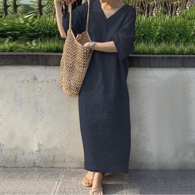 Robe en coton et lin Fudus à col en V