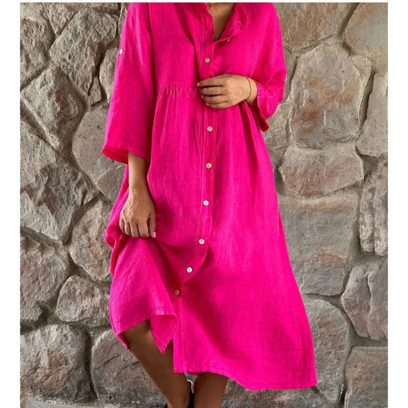 Elegantes, unifarbenes, knielanges Kleid mit Stehkragen und Knopfleiste von Fudus