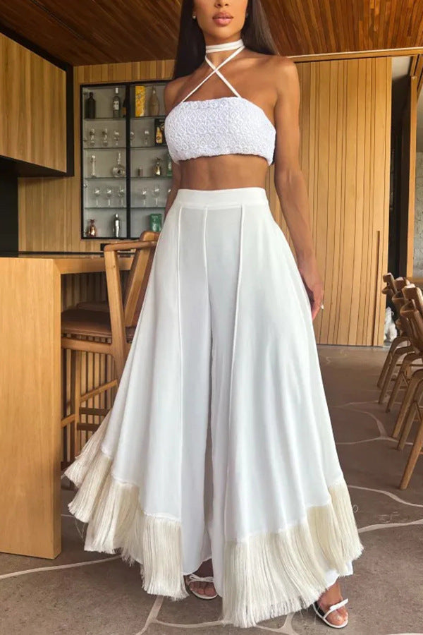Ensemble top court au crochet et pantalon ample à col montant Berg-Feldt pour femmes