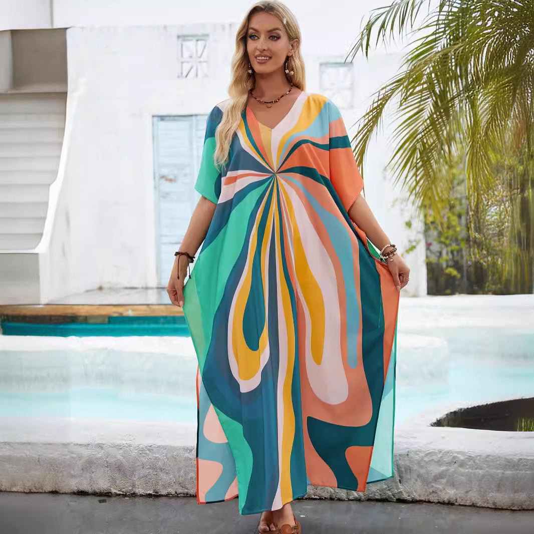 Robe longue bohème berg-feldt pour femme avec imprimé abstrait et manches fluides