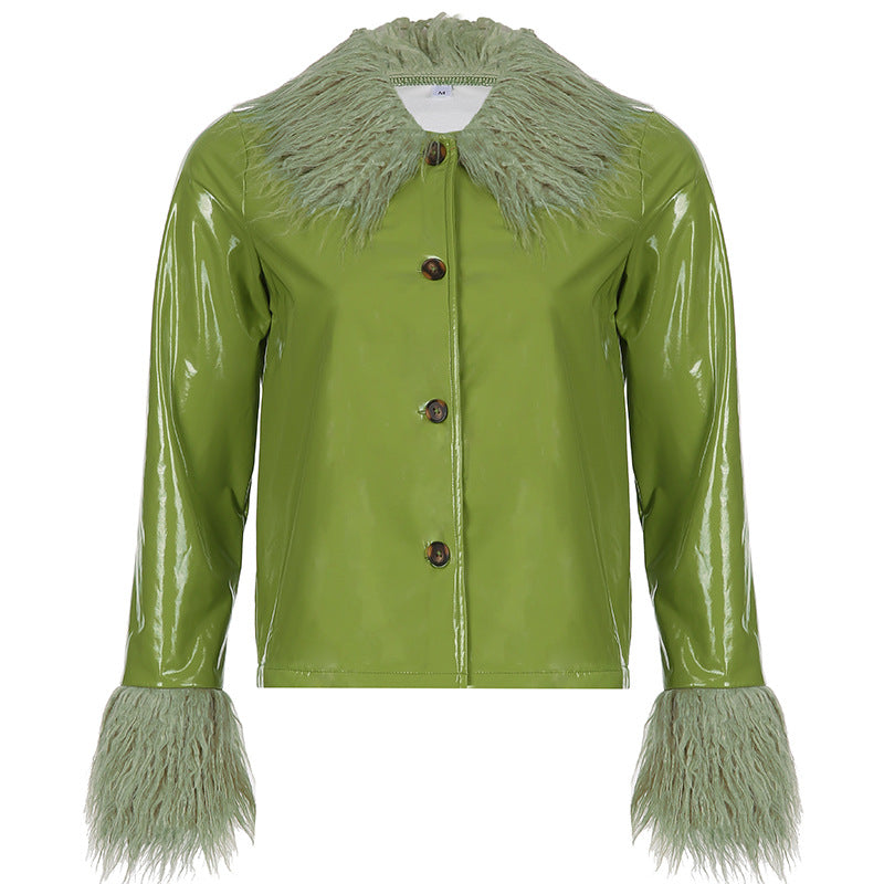 Manteau long féminin en vinyle avec col douillet en fausse fourrure Berg-Feldt