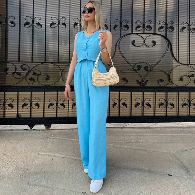 Ensemble deux pièces taille haute pour femme avec haut sans manches