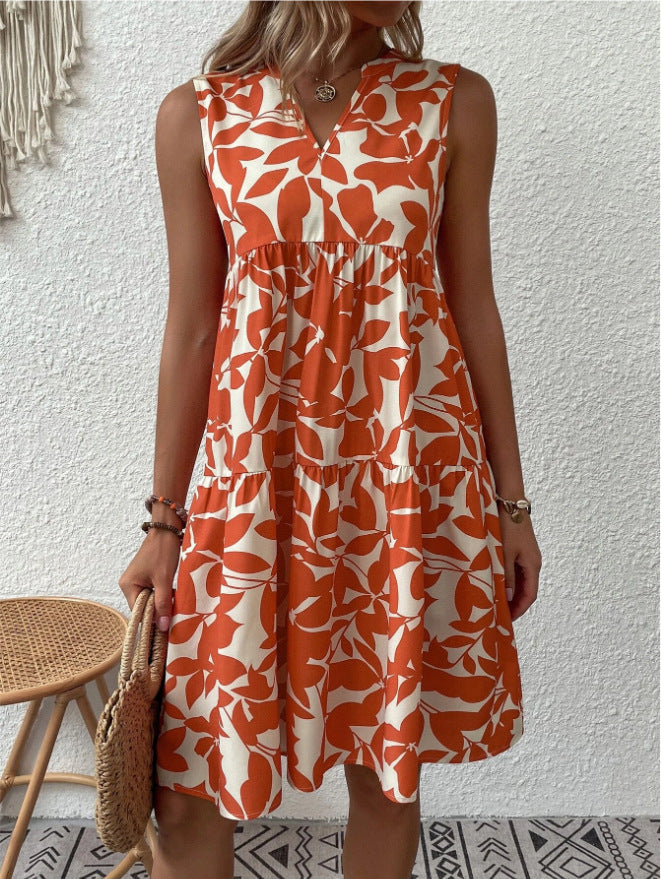 Robe midi étagée pour femme, sans manches, col en V, motif champ de montagne
