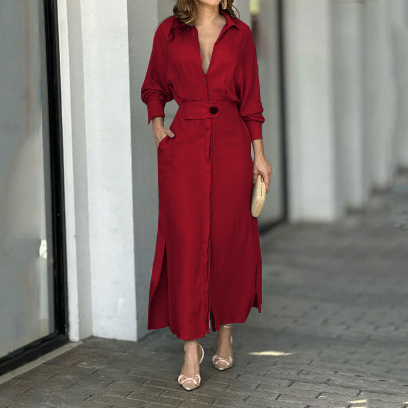Robe longue femme en lin léger avec patte de boutonnage élégante et fentes latérales pratiques Berg-Feldt
