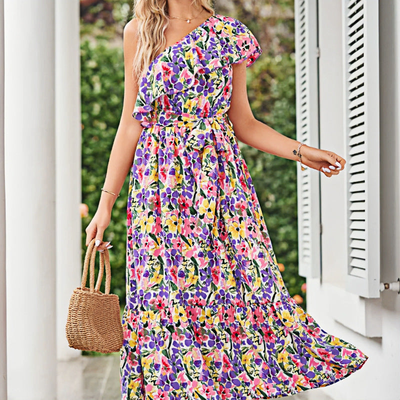 Maxikleid für Damen, einseitig geschulterter Schnitt, Blumenmuster, Rüschen am Saum (berg-feldt)