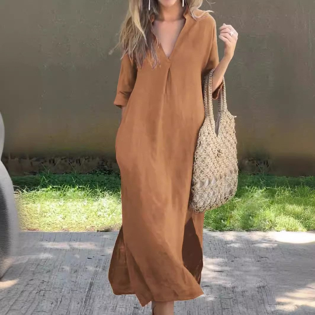 Robe longue décontractée à col en V et fentes latérales pour femme berg-feldt