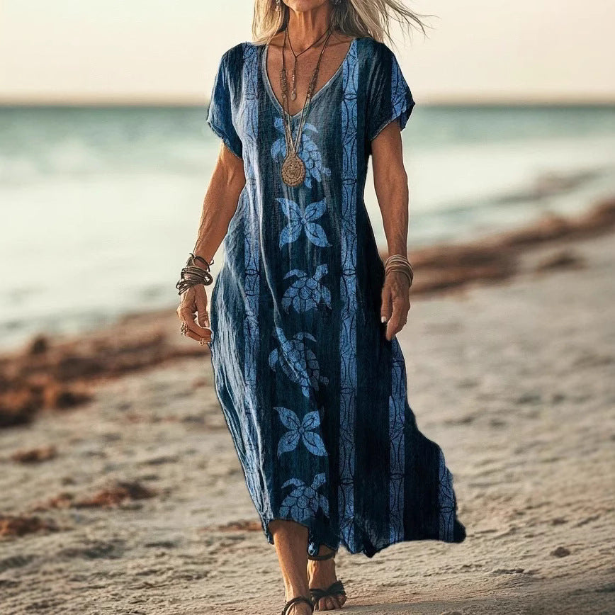 Robe longue pour femme à coupe décontractée avec imprimé naturel de montagne et de champs