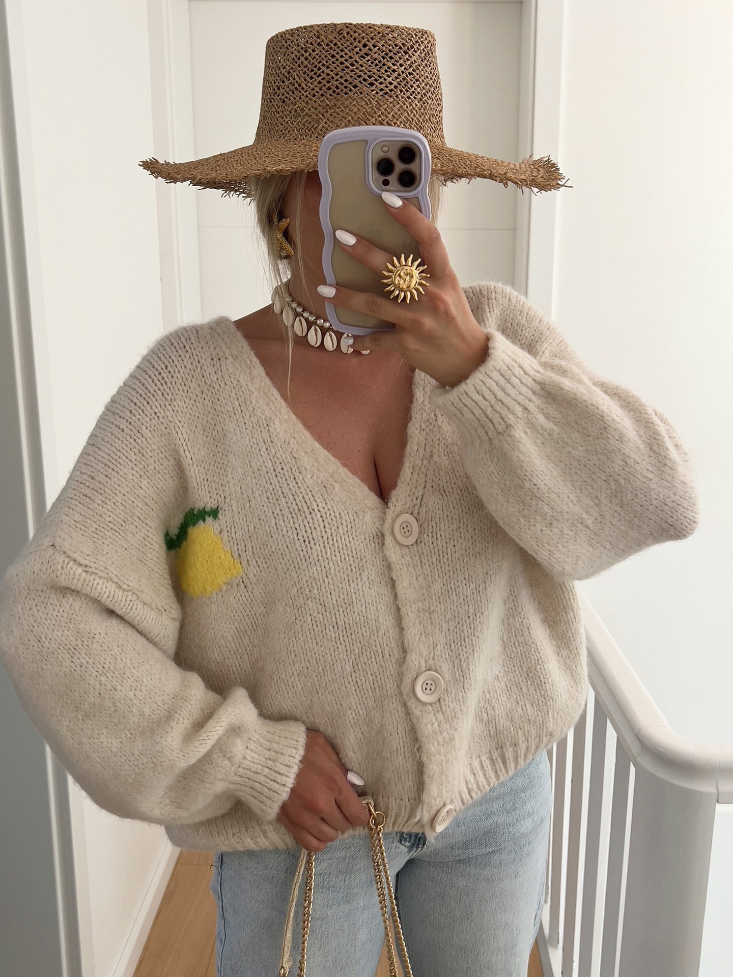 Cardigan en grosse maille pour femme avec motif citron unique et fermeture boutonnée Berg-Feldt