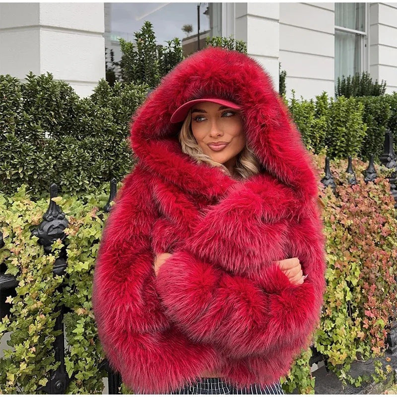 Damen oversized Kunstpelz-Jacke mit Kapuze und weiten Ärmeln Berg-Feldt