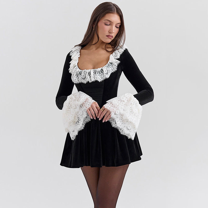 Velvet Dress with Lace Trim by berg-feldt
