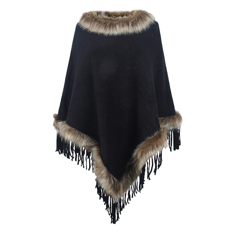 Poncho élégant pour femme avec col luxueux en fausse fourrure et franges décadentes Berg-Feldt