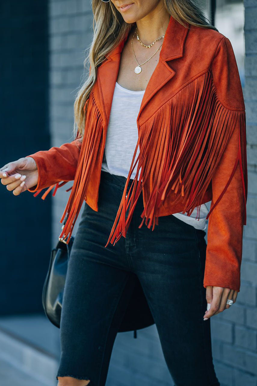 Berg-Feldt | Revers Langarm Fransen Crop Hippie Jacke