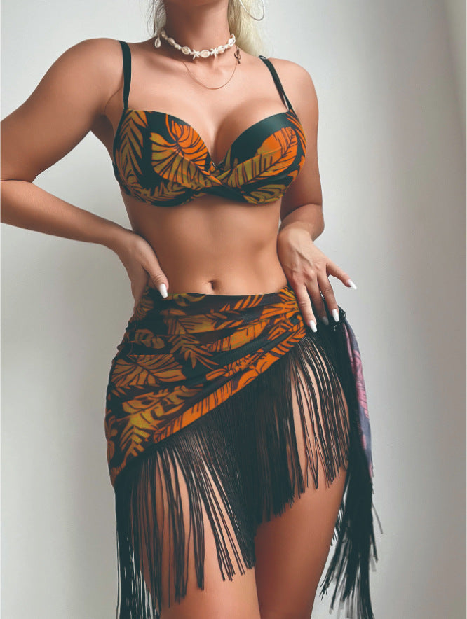 Women's Tropical Print Bikini Top and Fringe Sarong Set by berg-feldt