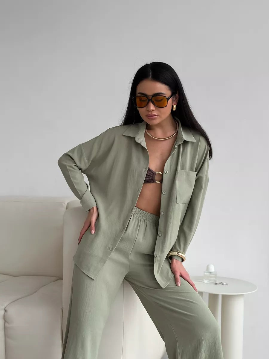 Elegantes Damen Leinen Hosenset mit bequemer Bluse und elastischem Bund von berg-feldt