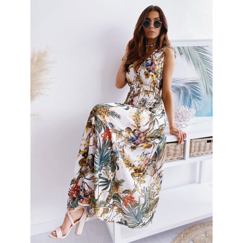 Maxikleid für Damen im Tropen-Print mit fließendem Stoff und verstellbarem Knotengürtel von berg-feldt