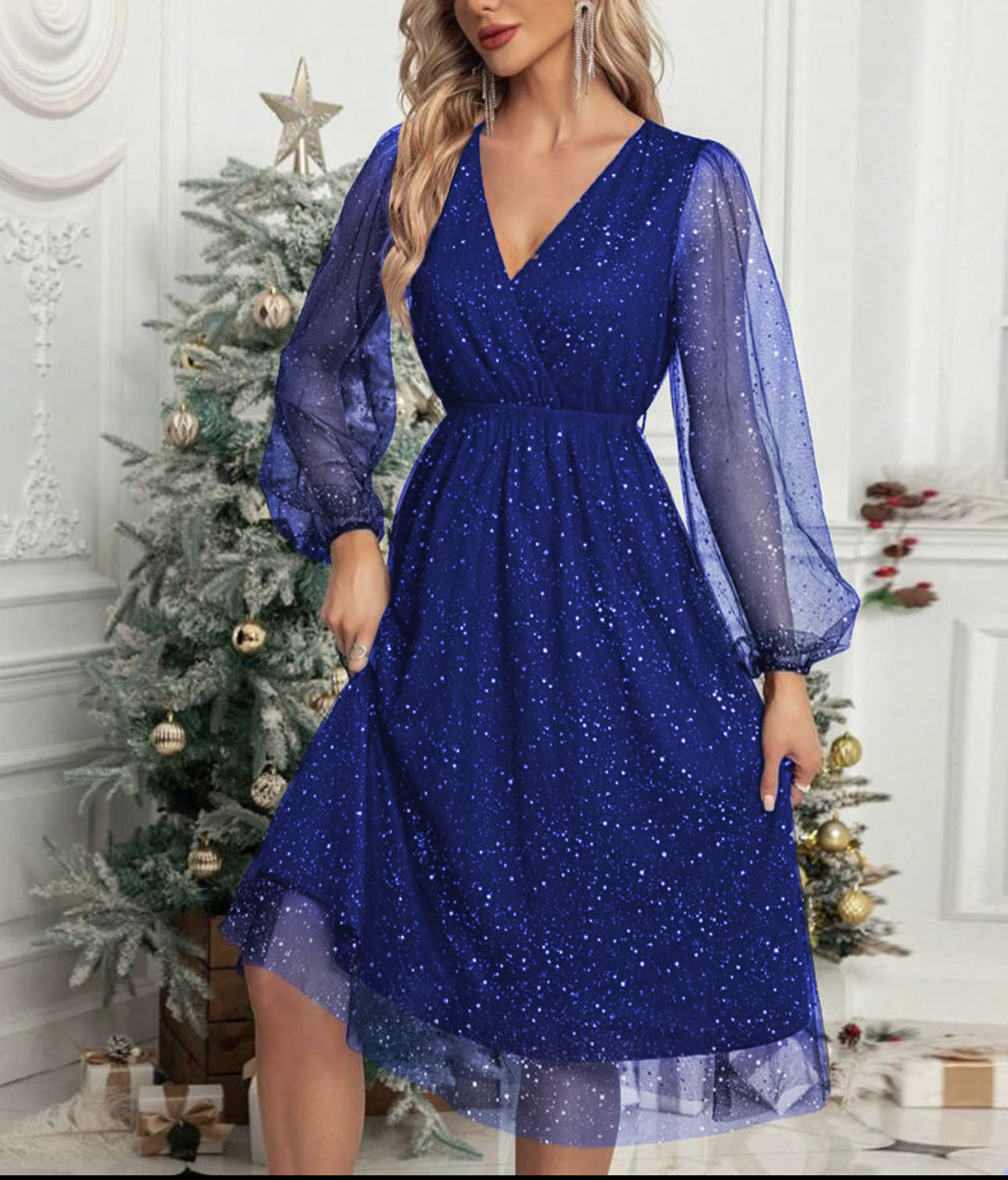 Robe midi glamour pour femme avec manches bouffantes transparentes et motif pailleté scintillant Berg-Feldt