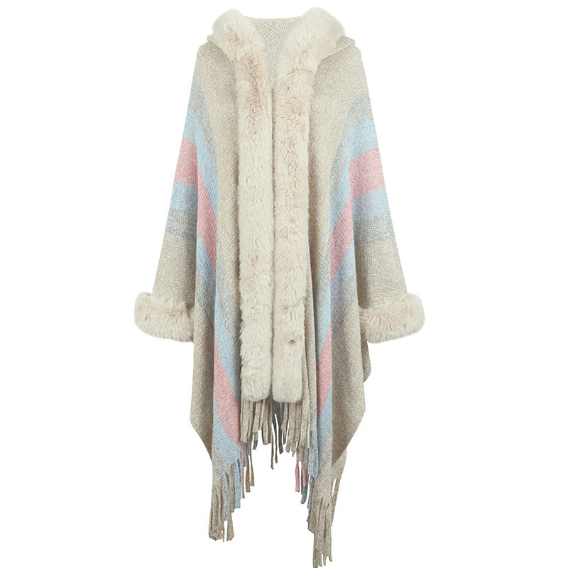 Damen-Poncho tendance avec luxueux col en fausse fourrure et franges Berg-Feldt
