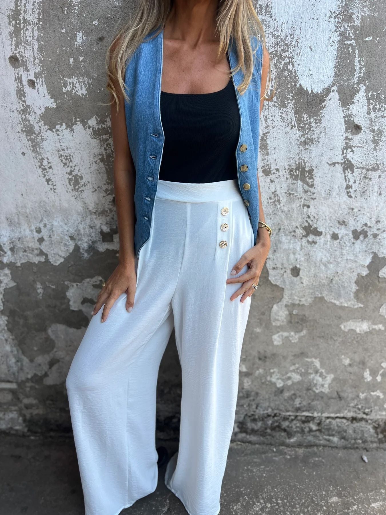 Berg-Feldt Pantalon Palazzo Femme Taille Haute avec Boutons Tendance