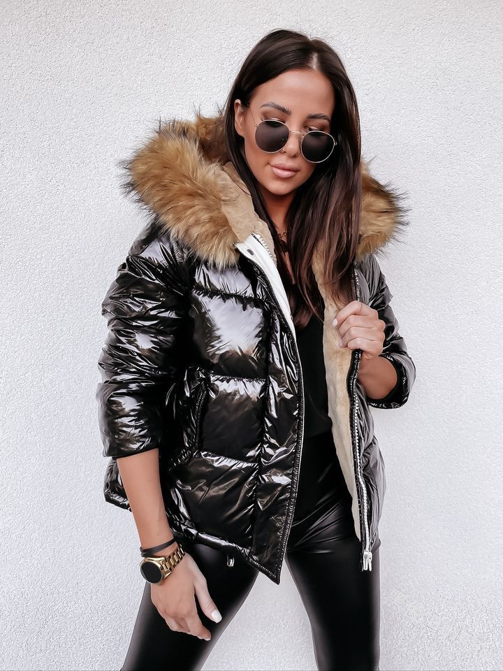 Doudoune brillante femme avec capuche amovible et col en fausse fourrure Berg-Feldt