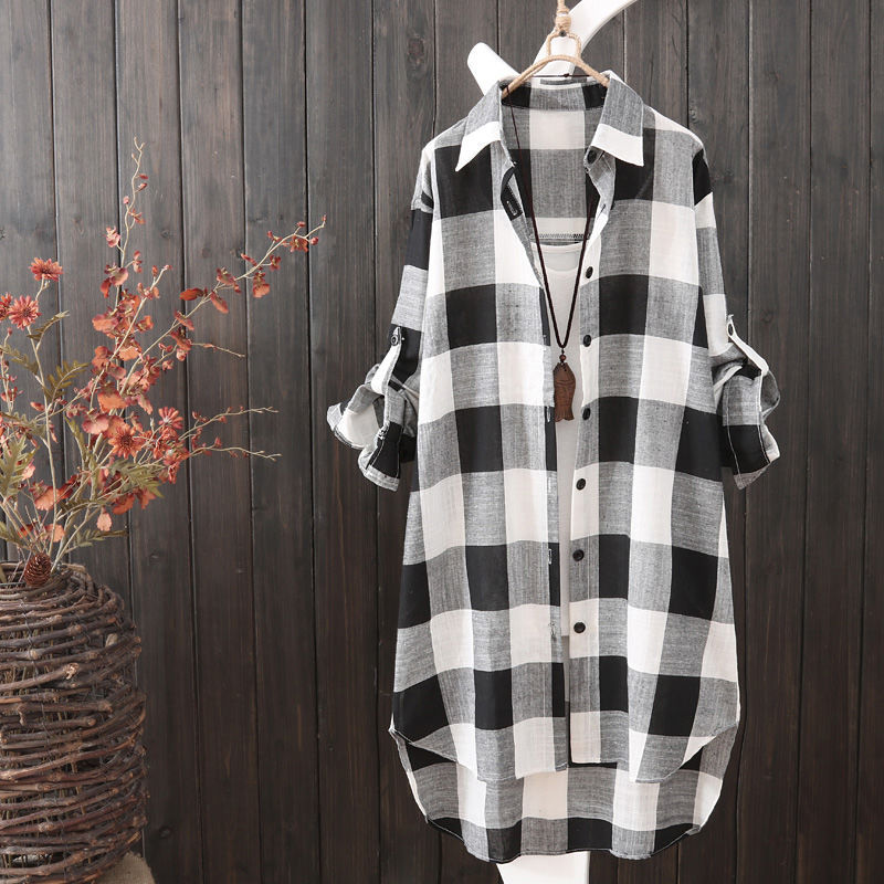Chemise-blouse à carreaux pour femme, coupe décontractée oversize avec manches longues et manches retroussables Berg-Feldt