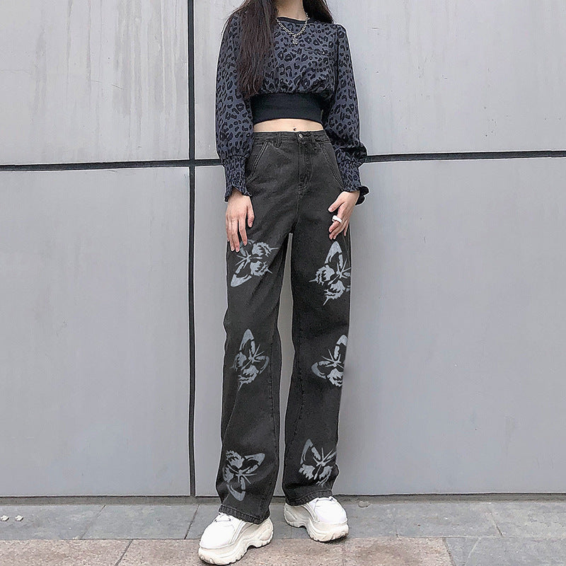Damen Weit geschnittene Jeans mit kreativem Schmetterlingsdruck Berg-Feldt