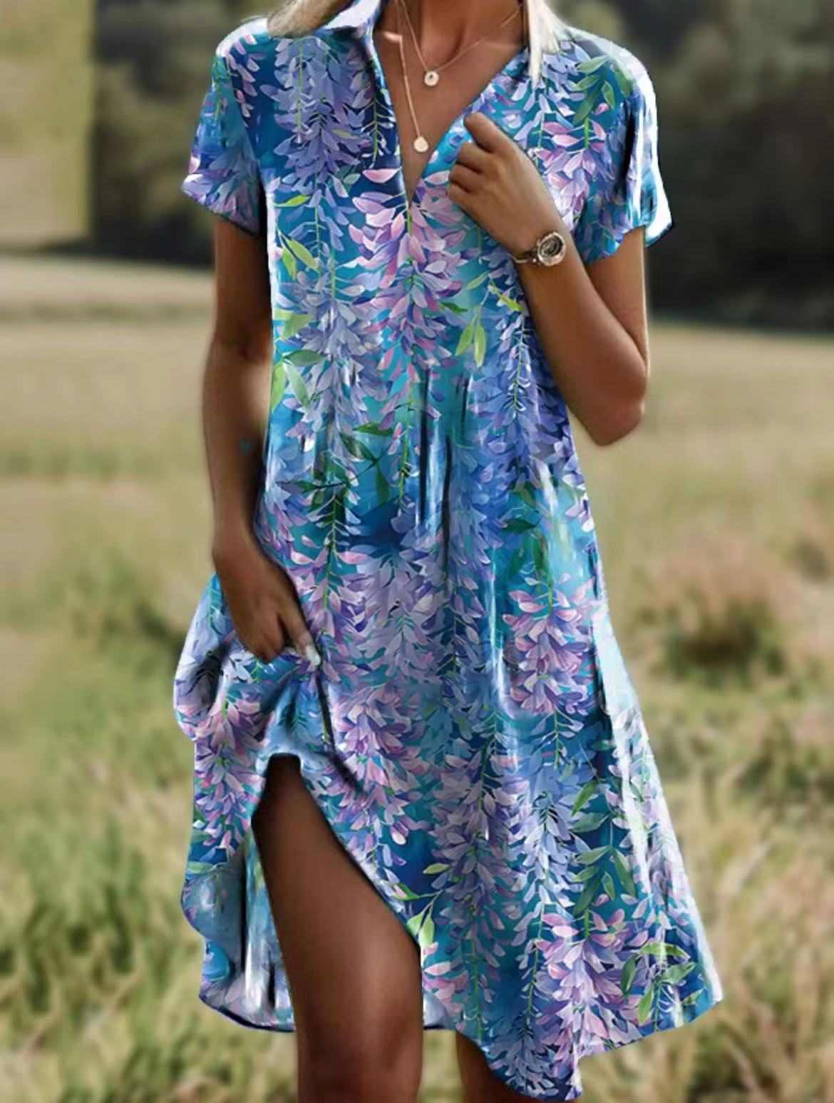 Robe Berg-Feldt pour femme : Manches courtes, coupe décontractée, fente latérale, col boutonné