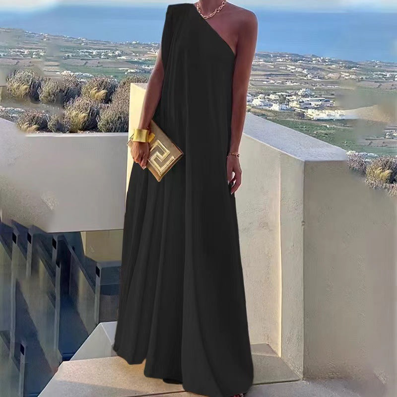 Elegant maxi dress with one shoulder, mountain-field