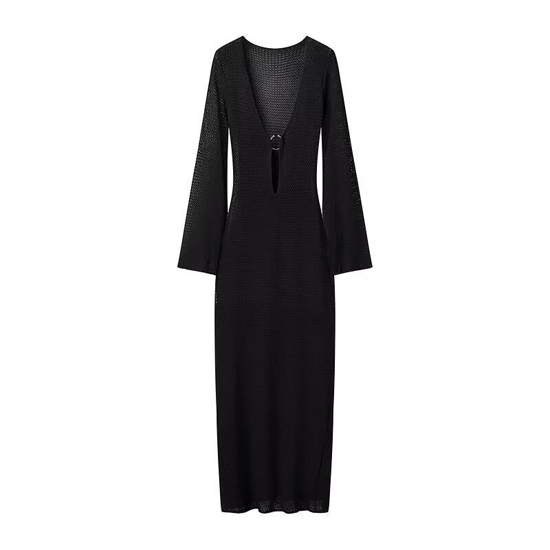 Robe mi-longue à manches longues pour femmes avec col en V et anneau décoratif de berg-feldt