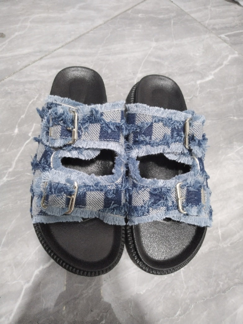 Sandales berg-feldt pour femme, avec brides en denim effiloché