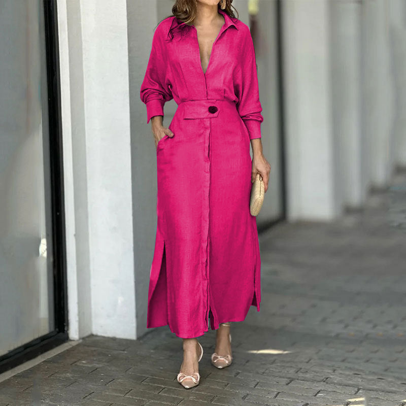 Robe longue femme en lin léger avec patte de boutonnage élégante et fentes latérales pratiques Berg-Feldt