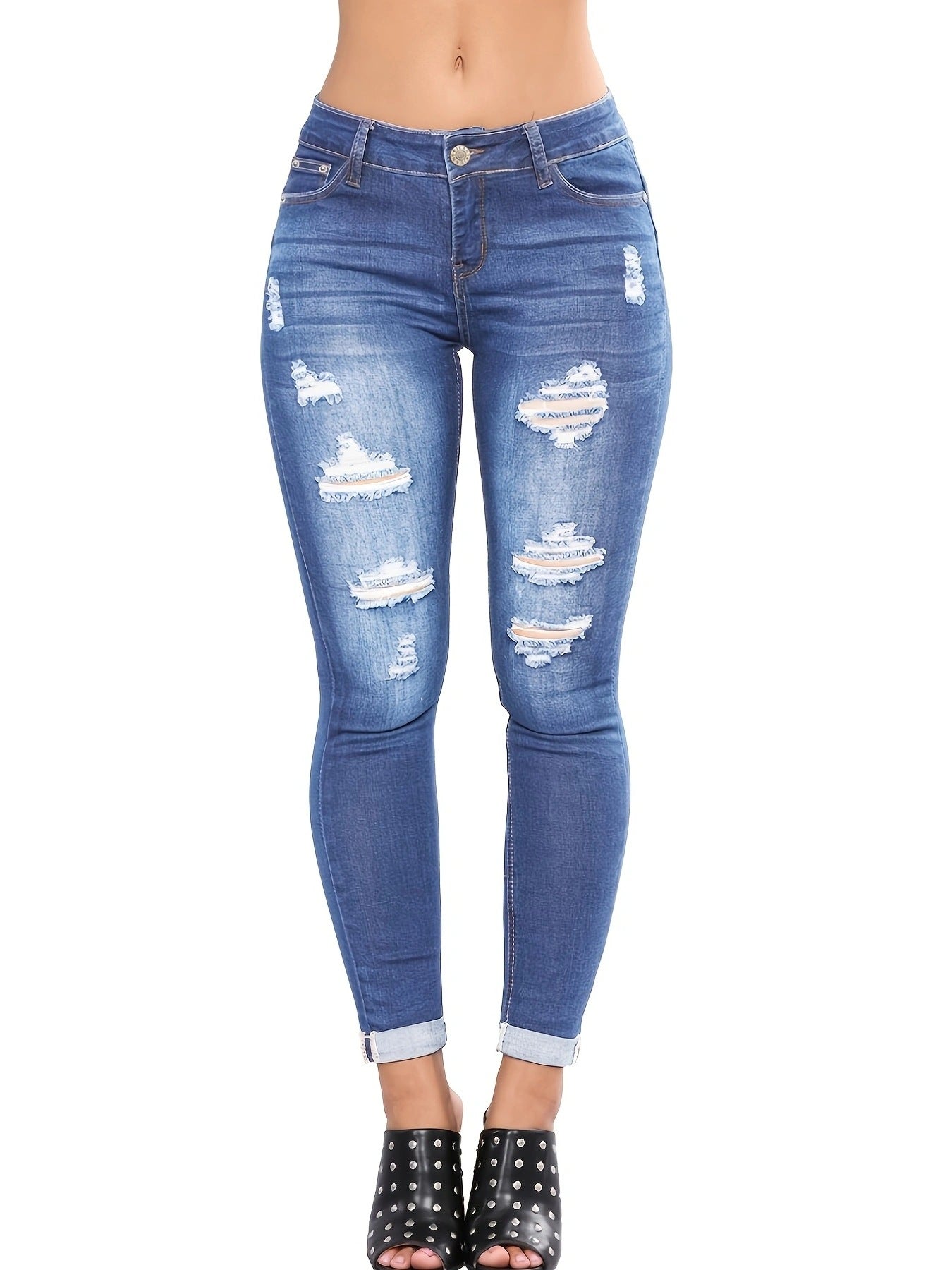 Jean skinny femme taille haute, coupe ajustée, effet déchiré, ourlets effilochés par berg-feldt