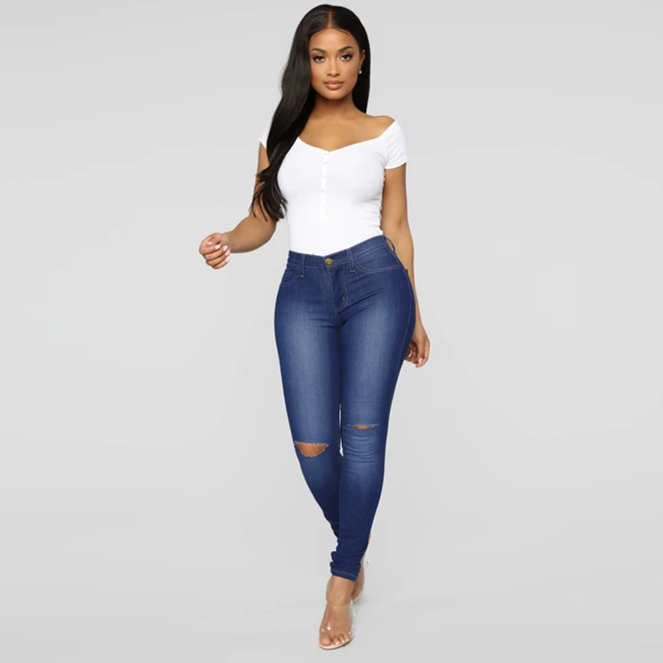 Jean skinny taille haute pour femme Berg-Feldt, avec effets déchirés et stretch