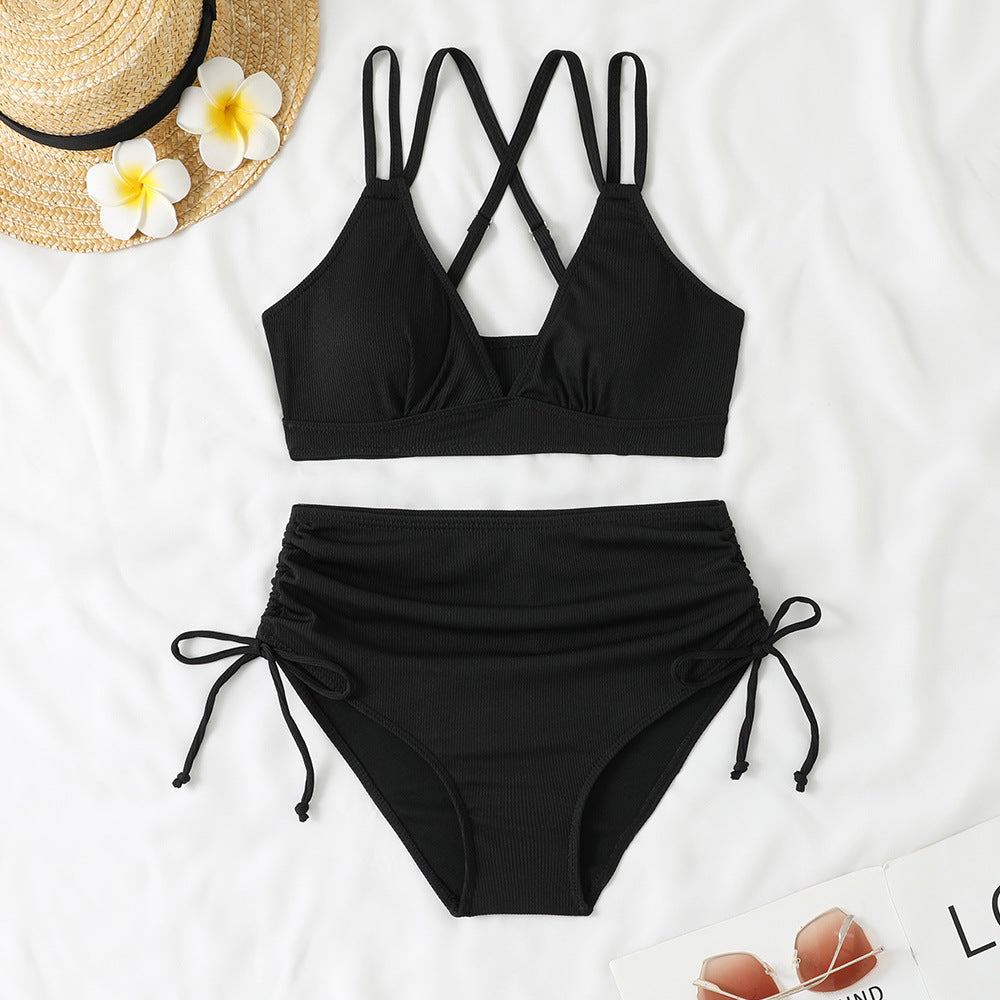 Ensemble bikini côtelé taille haute avec liens ajustables sur les côtés, par berg-feldt pour femme