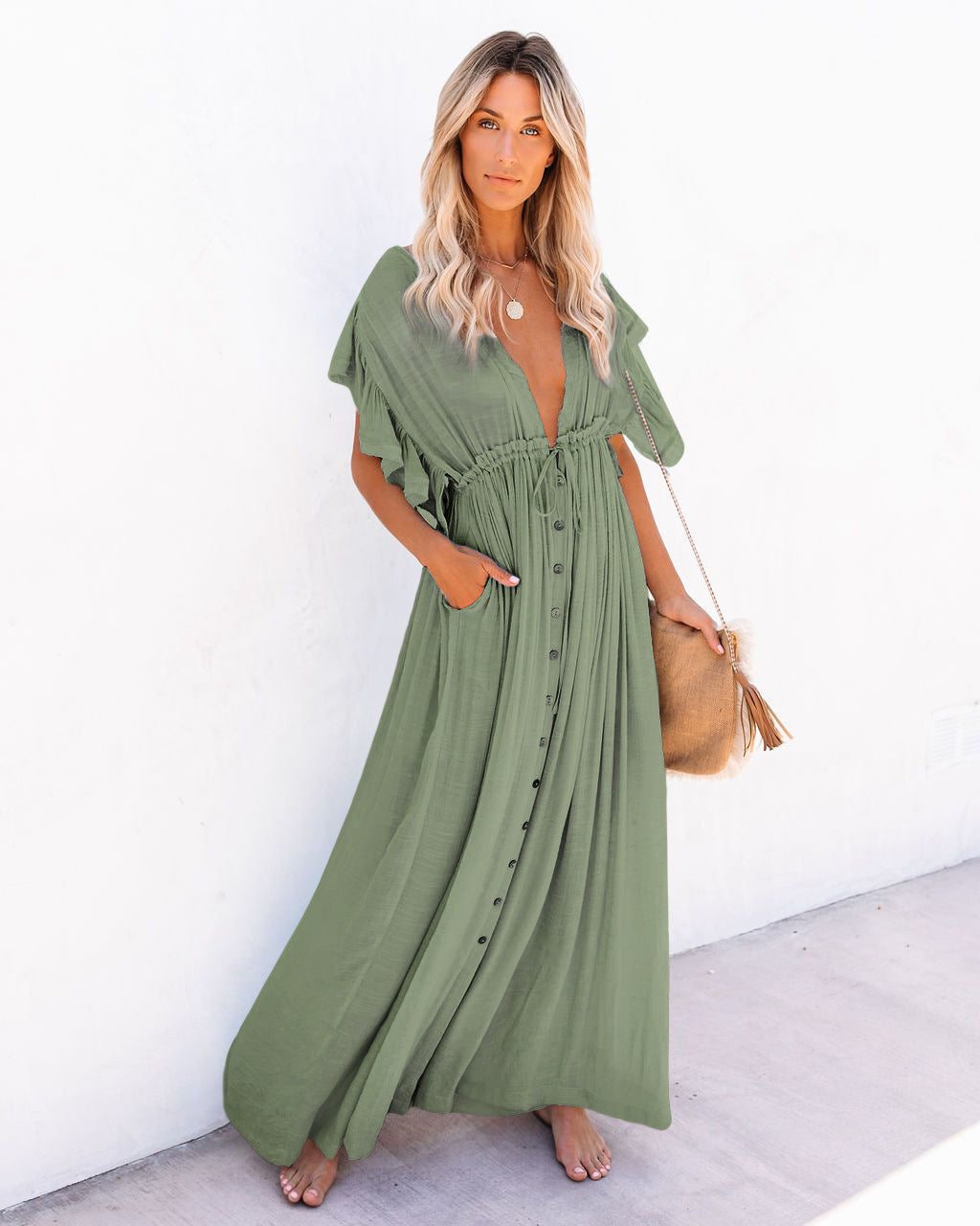 Robe longue bohème à manches volantées et détails boutonnés par berg-feldt