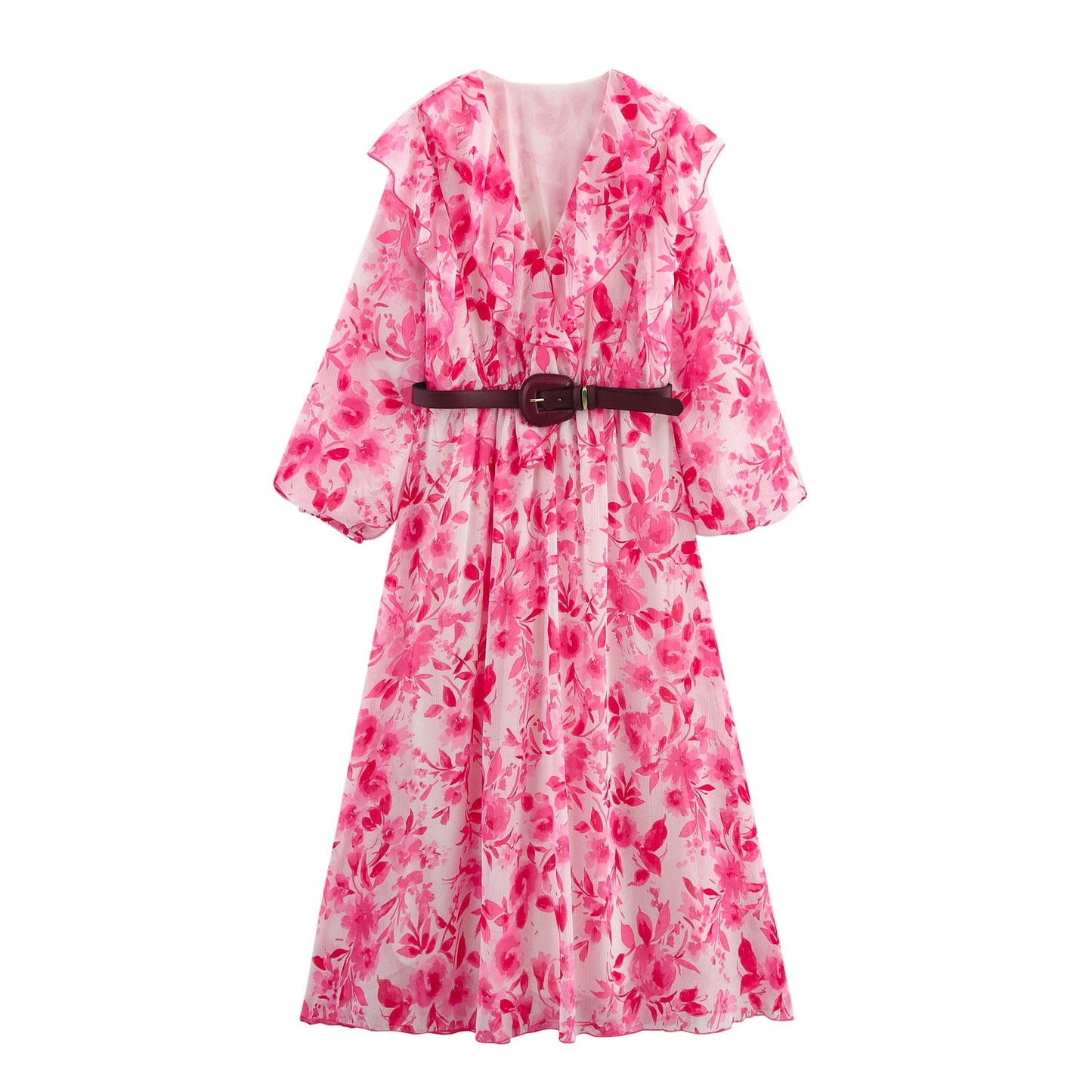 Maxikleid für Damen mit Blumenmuster, Rüschen und Gürtel von berg-feldt