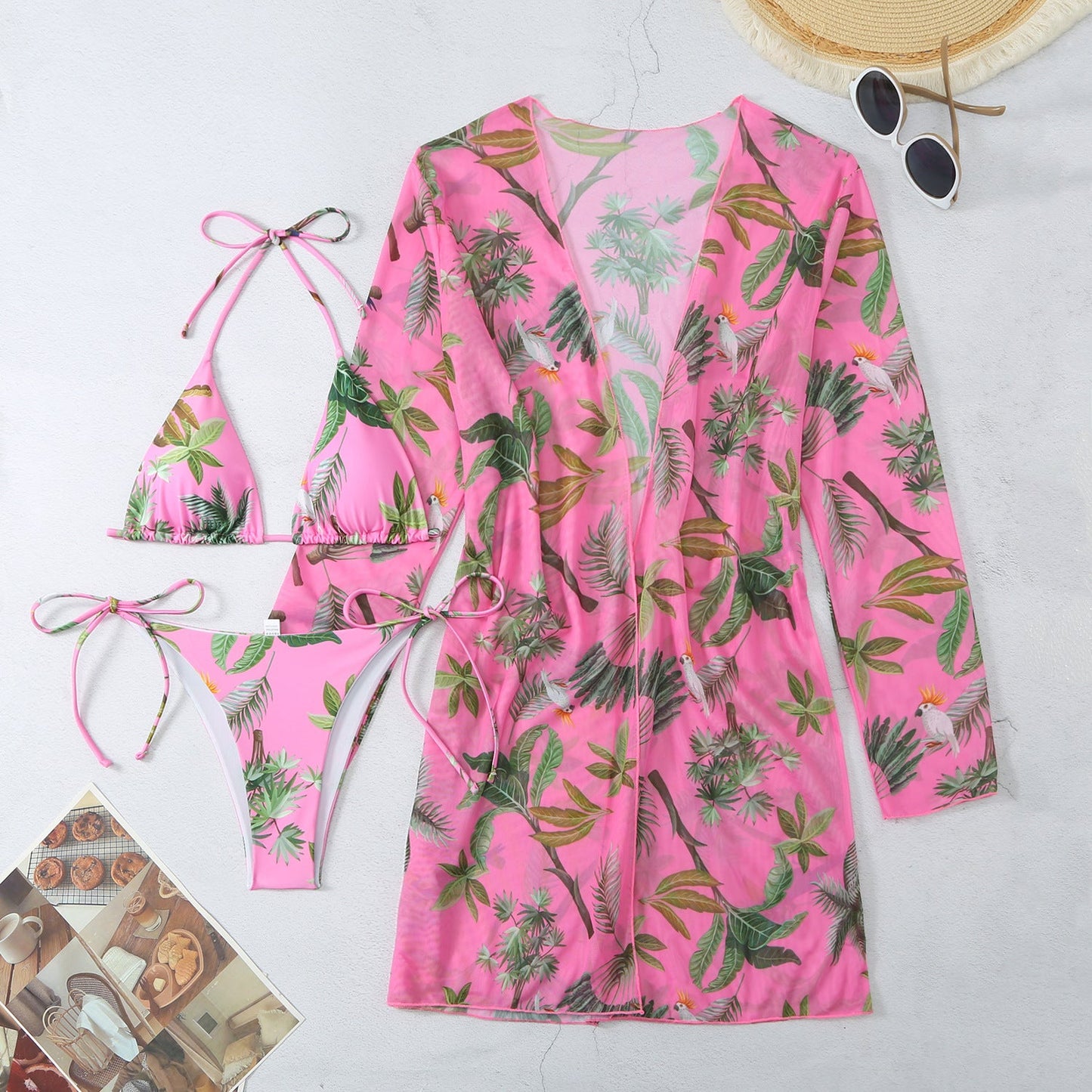 Ensemble de maillots de bain femme Berg-Feldt : Kimono fleuri et bikini triangle tendance