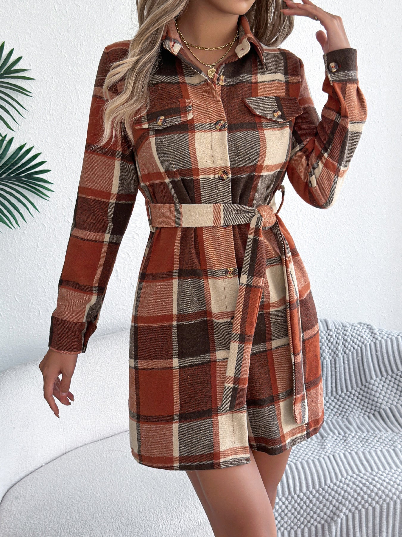 Robe chemisier à carreaux à manches longues avec ceinture berg-feldt pour femme
