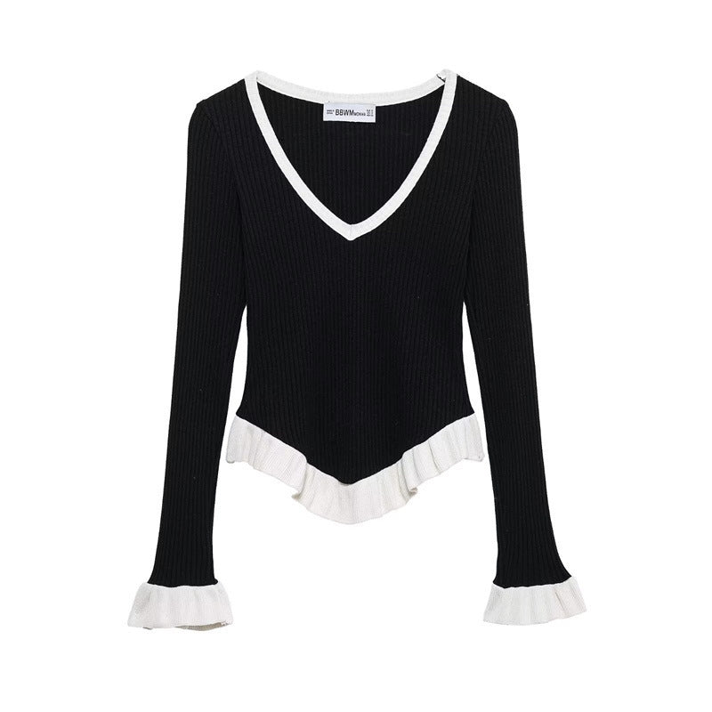 Langarm-Shirt für Damen mit V-Ausschnitt, Rippstrick und Rüschen am Saum von berg-feldt