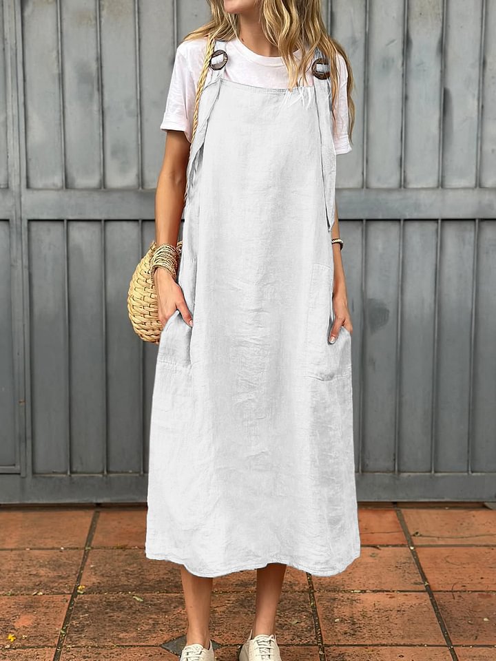 Berg-Feldt Robe en lin pour femme : coupe décontractée, avec des bretelles pratiques et de grandes poches