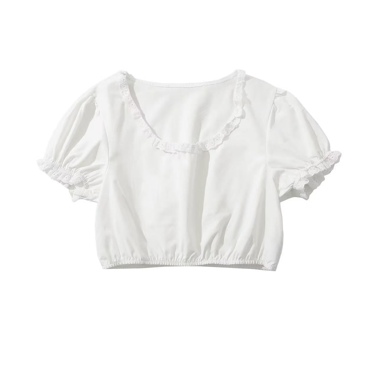 Berg-Feldt Crop Top Femme à Volants et Dentelle, Manches Courtes