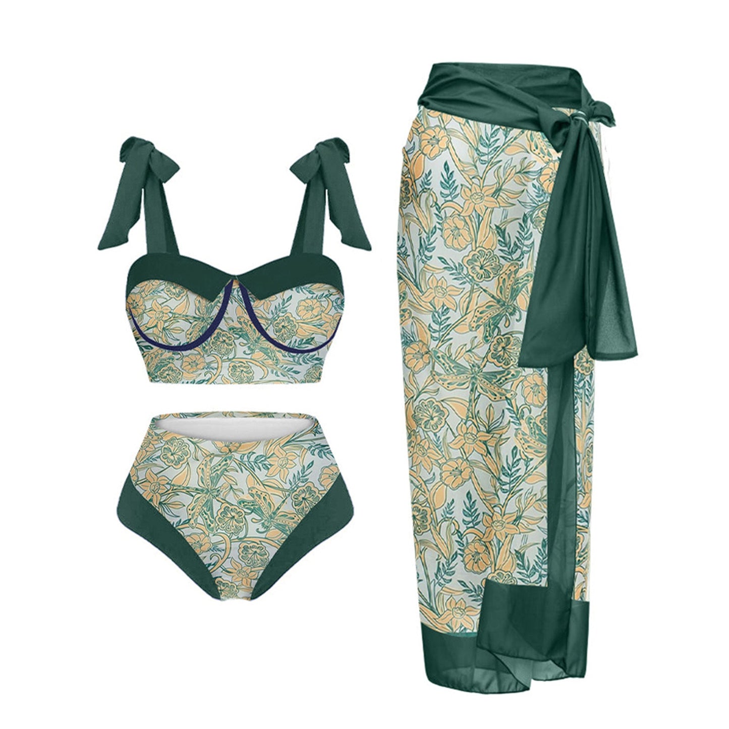 Ensemble de bikini Berg-Feldt pour femmes, taille haute, imprimé floral, avec jupe portefeuille assortie