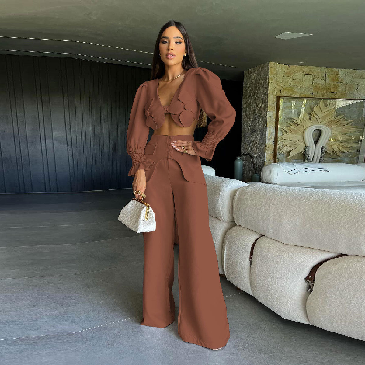 Berg-Feldt Damen Outfit: Blusentop & weite Hose mit Blumenmuster