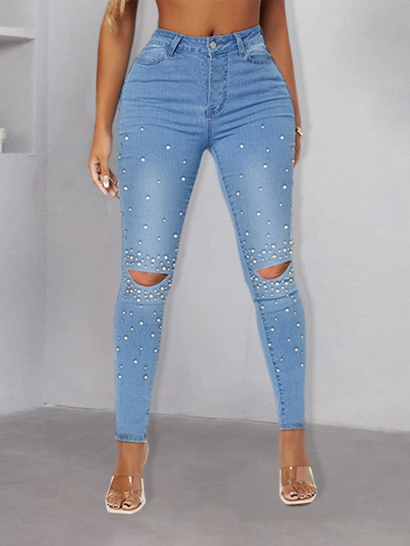 Berg-Feldt Jean Skinny Femme avec Perles et Effets Détruits Tendance