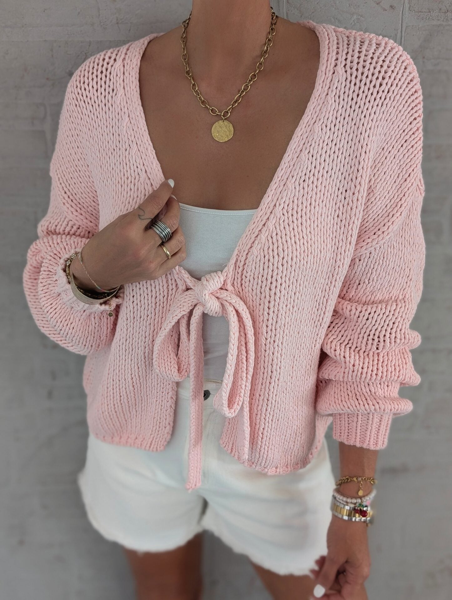 Damen-Cardigan en tricot décontracté avec lien à nouer et manches larges Berg-Feldt