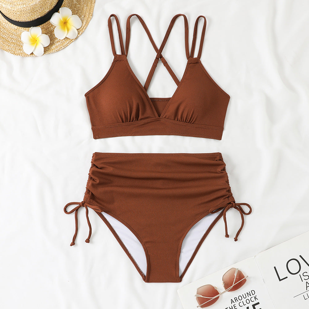 Ensemble bikini côtelé taille haute avec liens ajustables sur les côtés, par berg-feldt pour femme