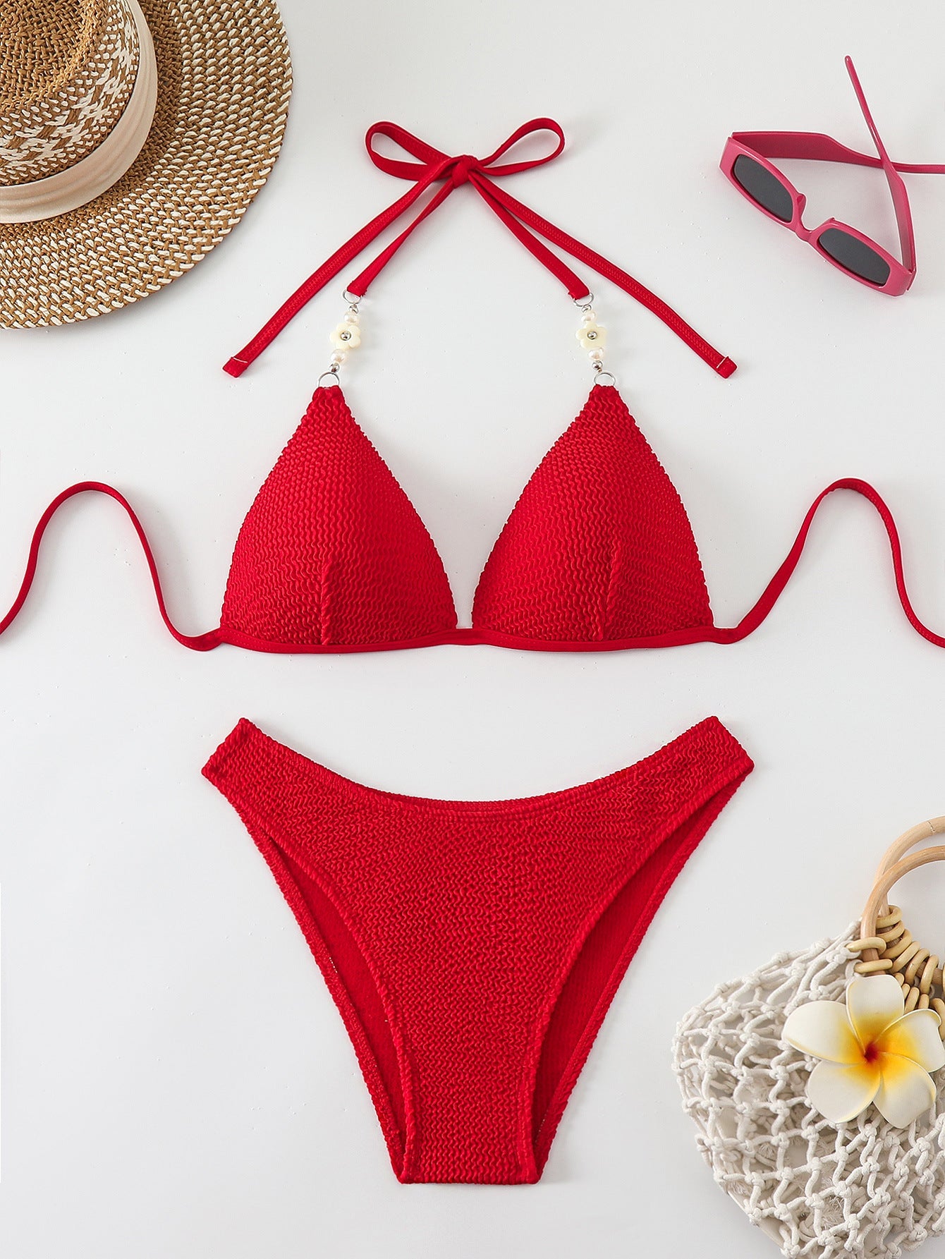 Haut de maillot de bain triangle texturé Berg-Feldt pour femme avec perles