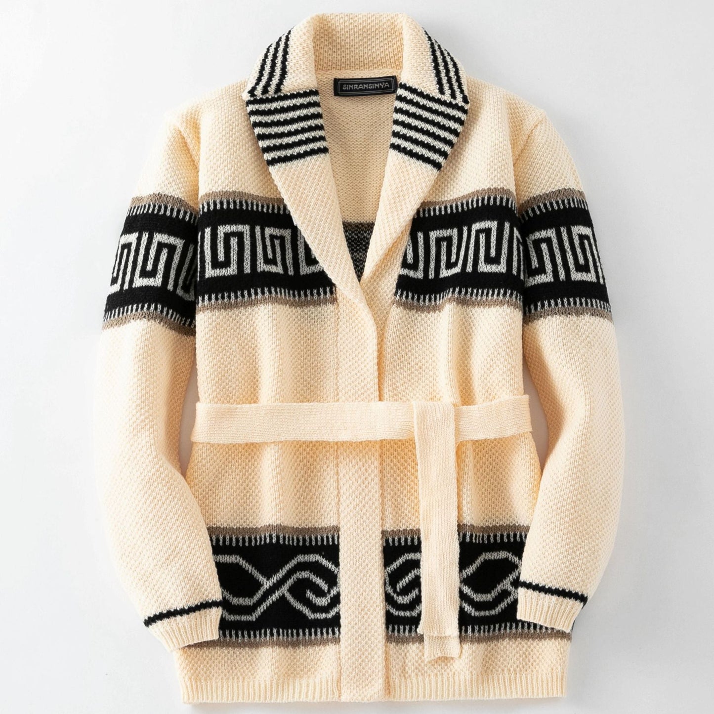 Cardigan tendance en maille avec ceinture et motif géométrique Damen Berg-Feldt